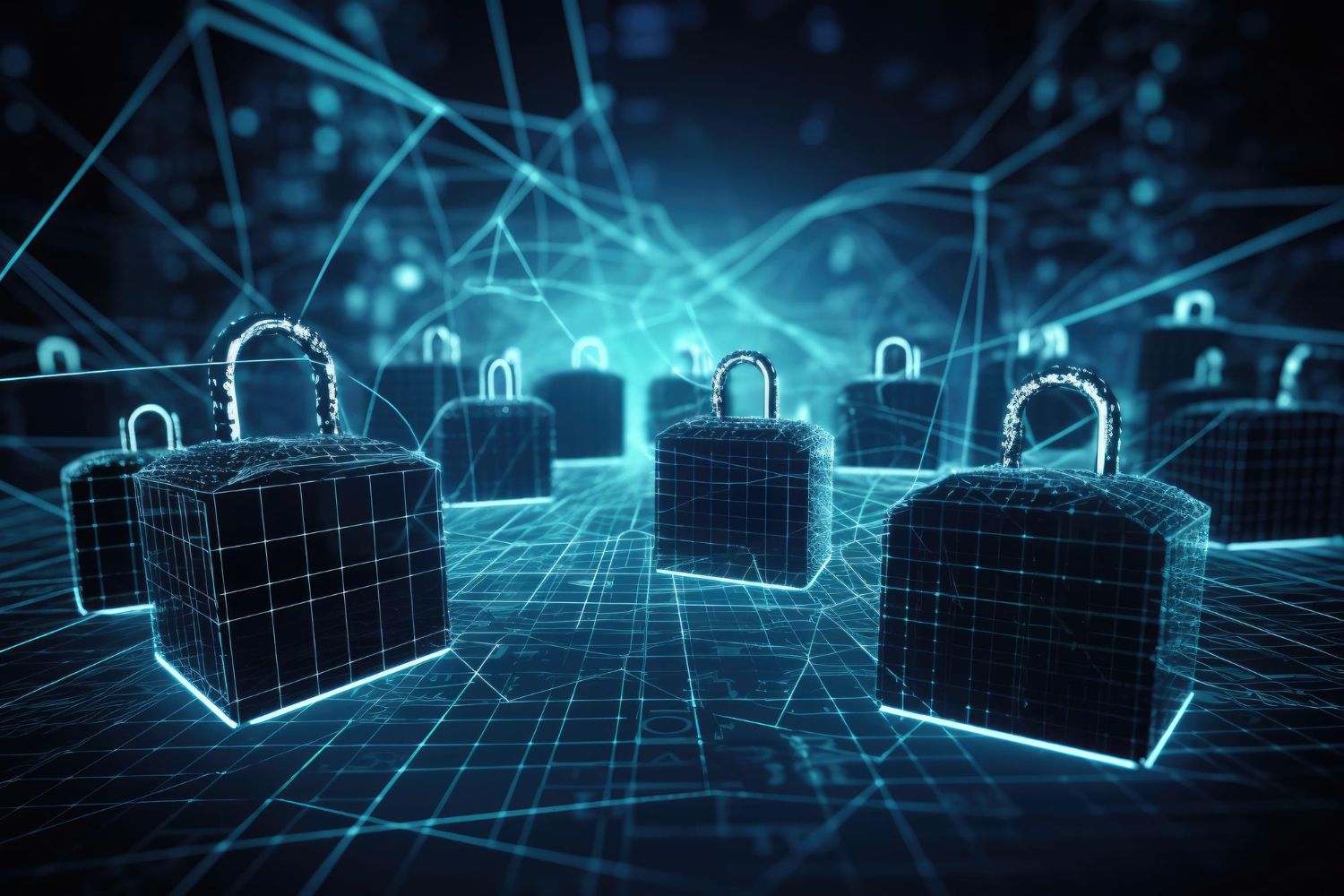 Graphic - Blockchain nodes shown as padlocks, all on a futuristic background.