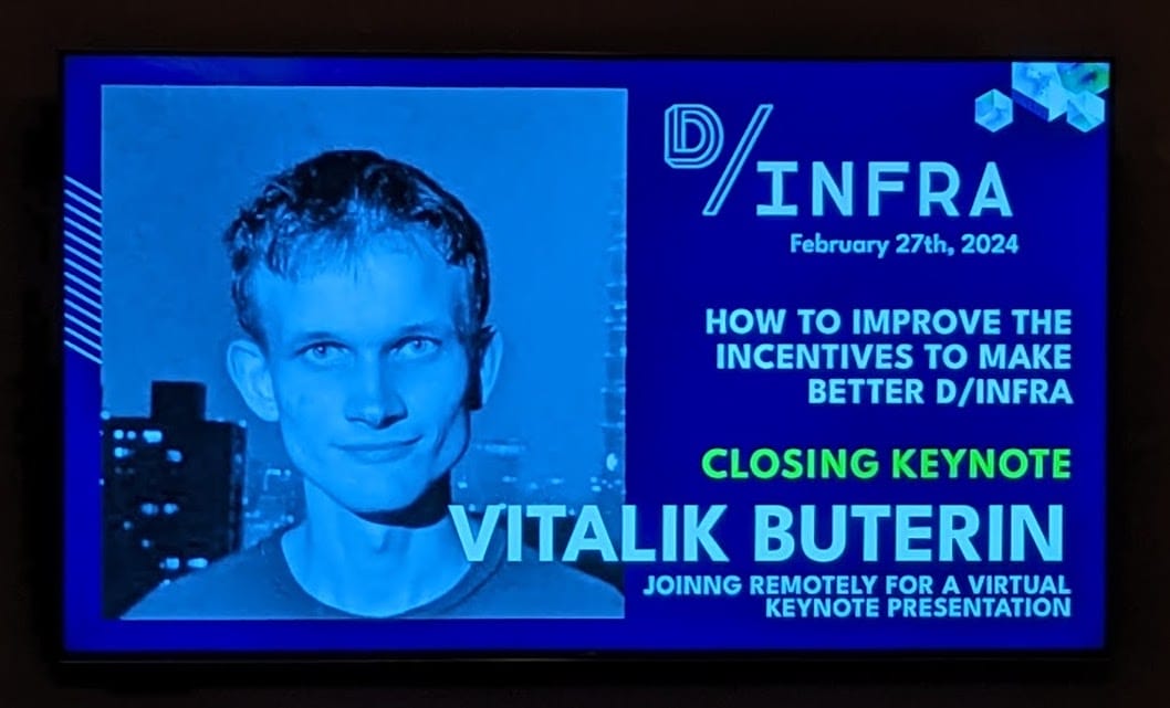 Pic of screen with Vitalik Buterin closing keynote address, Ho to Improve the Incentives to Make Better D/Infra