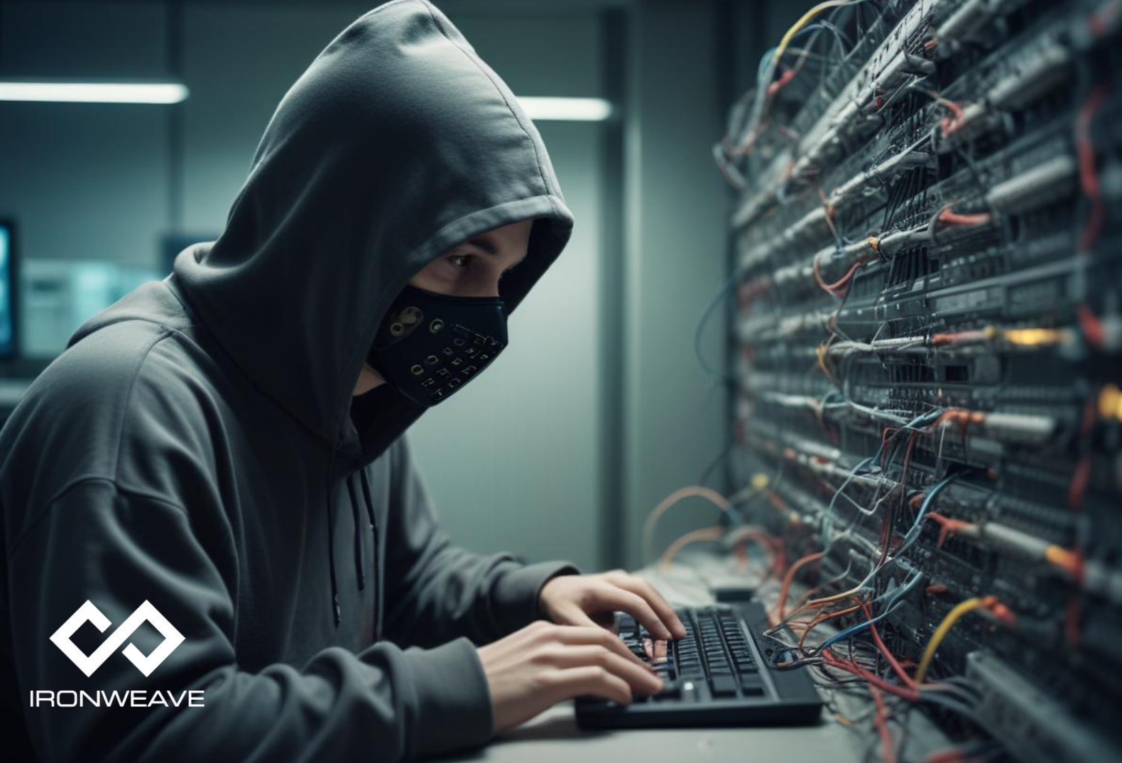 Hacker with mask, typing at keyboard in front of a cable panel