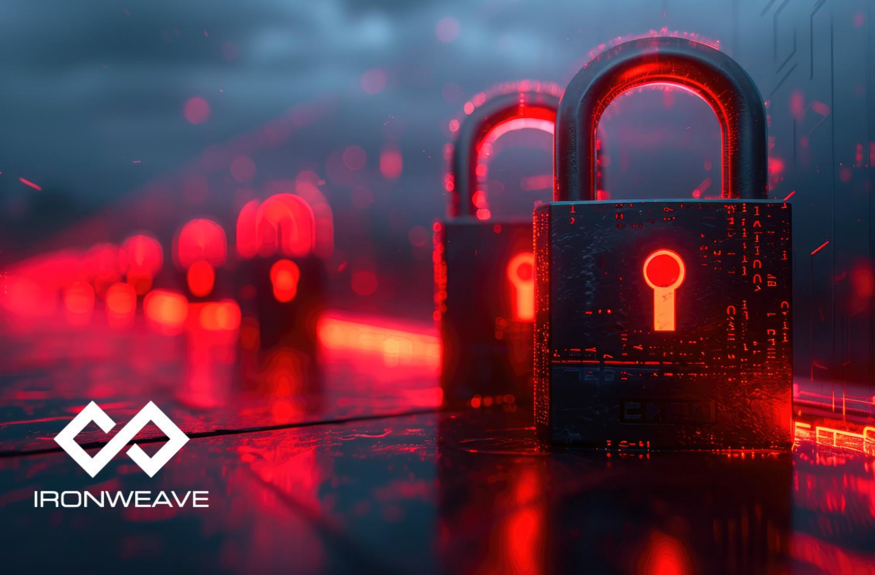 Diagonal, front left to back right, of glowing red padlocks. The IronWeave logo is in bottom-left corner.