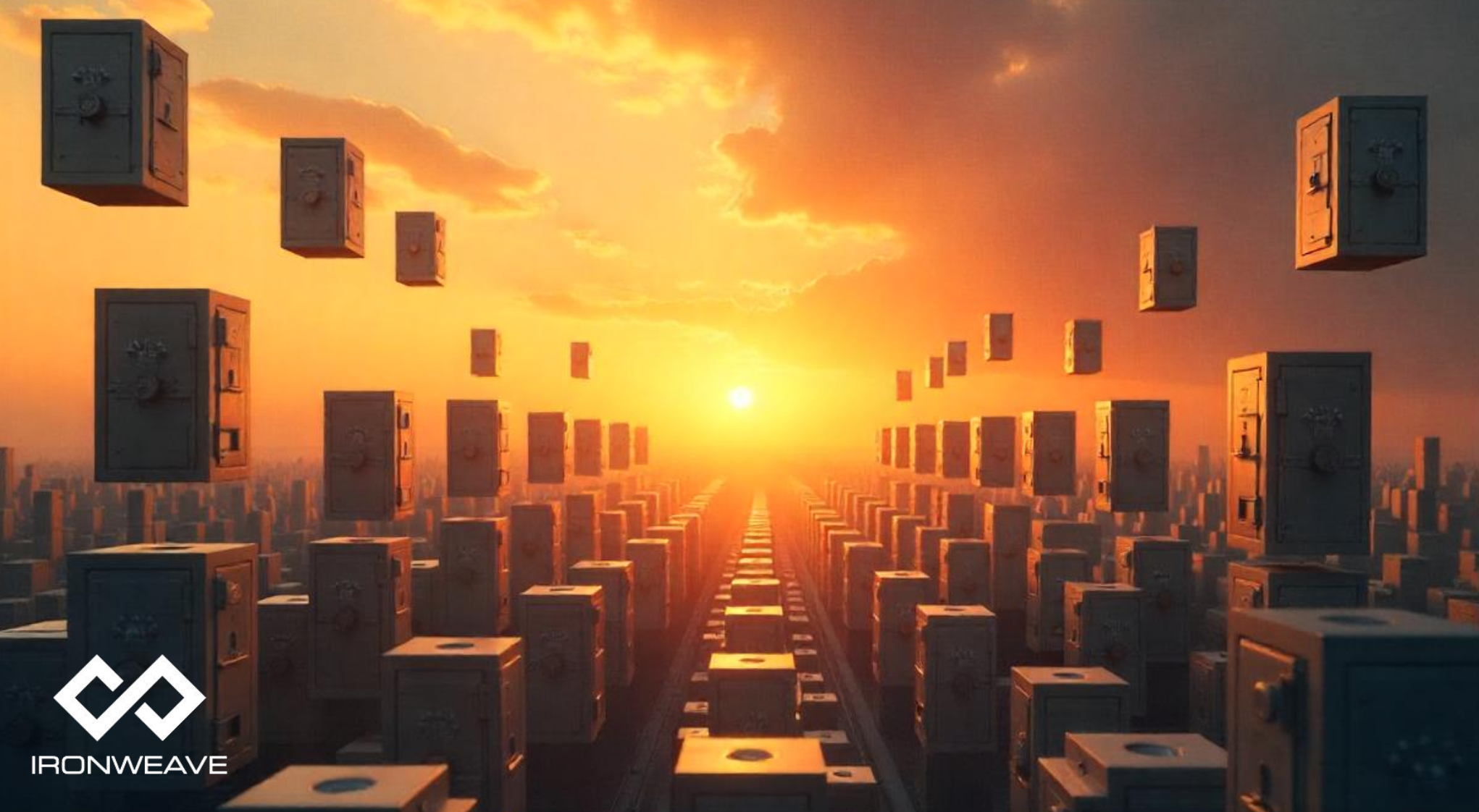 A futuristic vista with a rising sun in the background. Rows of locked safes float in 2 parallel lines receding into the di