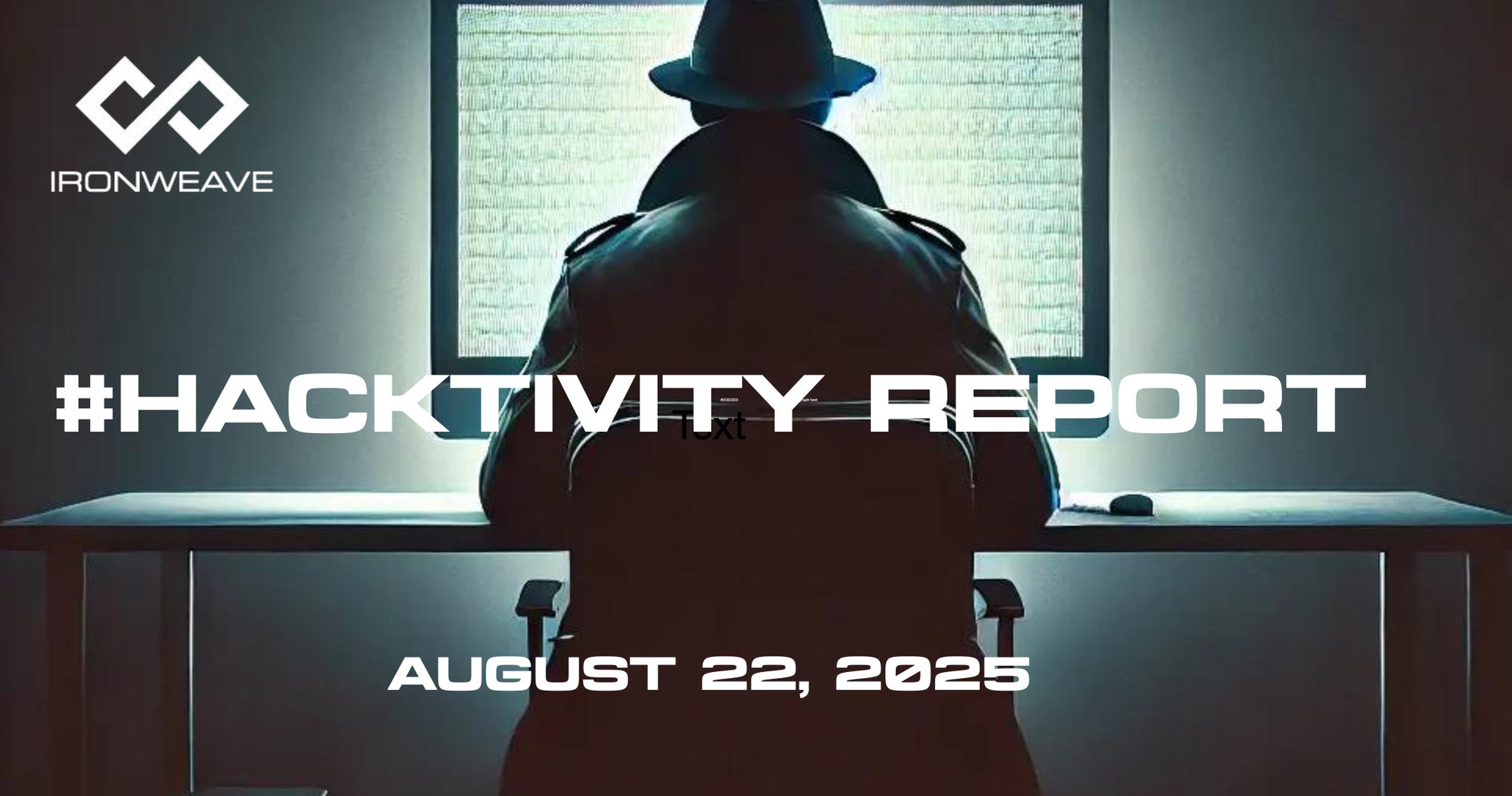 Image: Hacker in trenchcoat, seated at a computer monitor, with their back to the viewer. IronWeave logo in top-left corner. Text: #Hacktivity Report August 22, 2025.