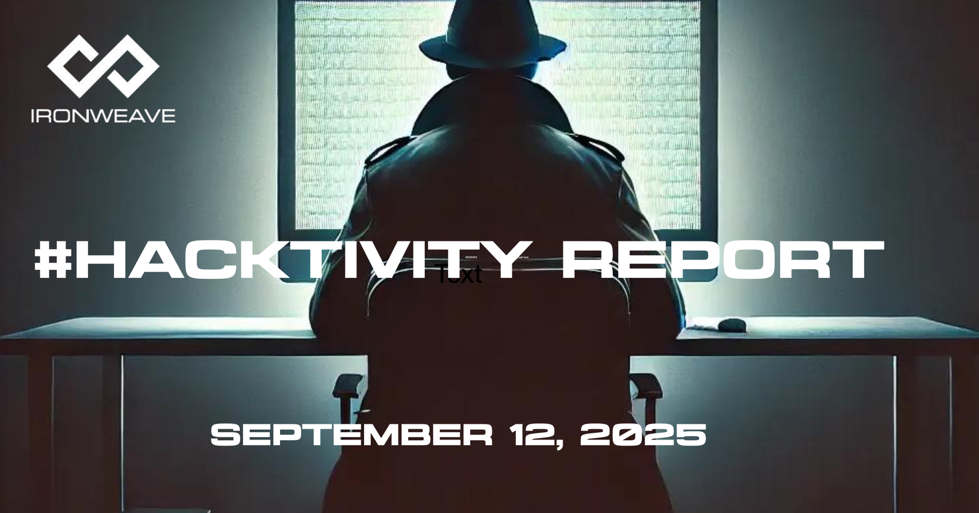 Image: Hacker in trenchcoat, seated at a computer monitor, with their back to the viewer. IronWeave logo in top-left corner. Text: #Hacktivity Report September 12, 2025.