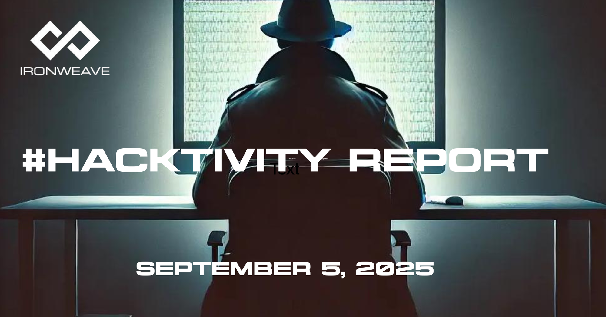 Image: Hacker in trenchcoat, seated at a computer monitor, with their back to the viewer. IronWeave logo in top-left corner. Text: #Hacktivity Report September 5, 2025.