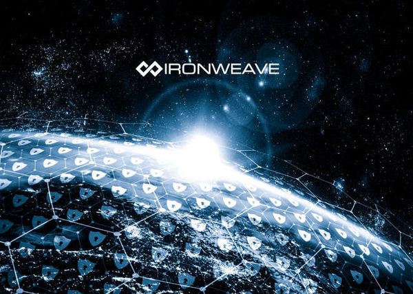IronWeave logo above a blockchain covered planet with the sun rising in the background.