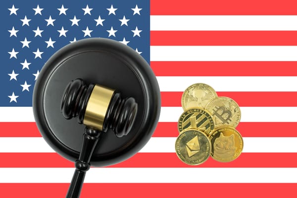 American flag with judge's gavel and crypto coins on atop