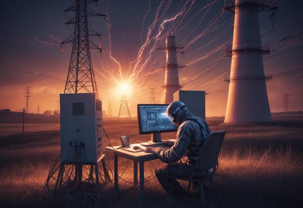 Cyber hacker outdoors, at a computer desk. In background are electric and power utilities