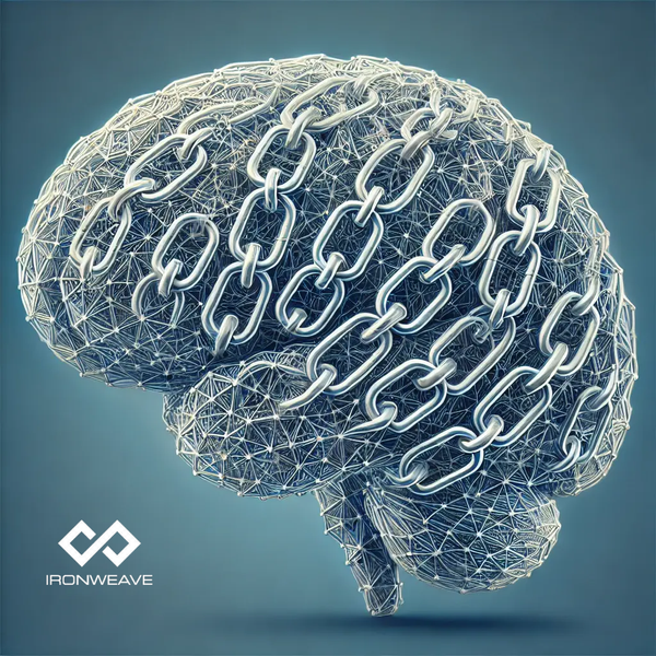 Brain with nodes and chains wrapped around it. IronWeave logo in the bottom-left corner