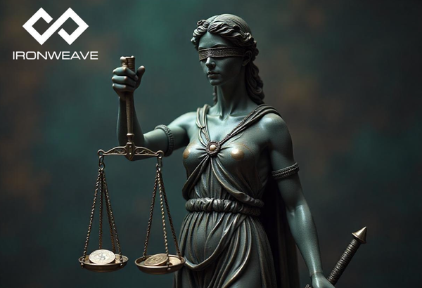 IronWeave logo in top-left Image of Statue of 'Blind Justice' holding a balance scale with each side holding crypto coins