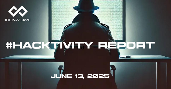 Image: Hacker in trenchcoat, seated at a computer monitor, with their back to the viewer. IronWeave logo in top-left corner. Text: #Hacktivity Report June 13, 2025.